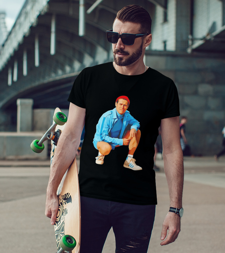 Willem Dafoe Meme Red Beanie Blue Tracksuit Squatting Pose T-Shirt
