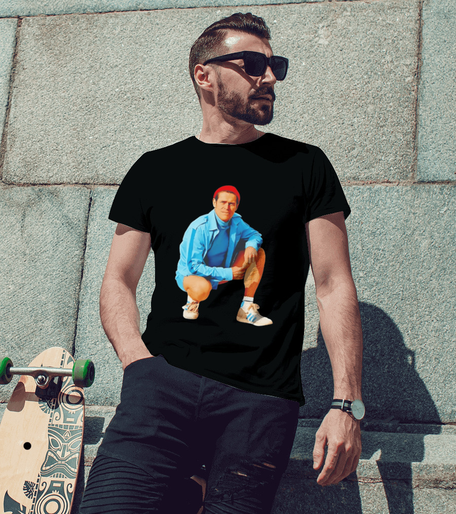 Willem Dafoe Meme Red Beanie Blue Tracksuit Squatting Pose T-Shirt