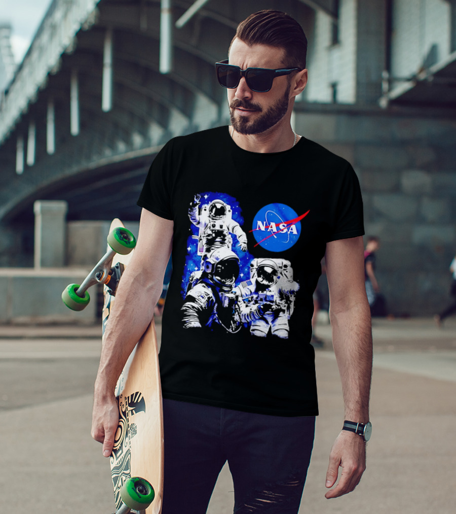 NASA Space Exploration Three Astronauts Floating In Deep Space T-Shirt