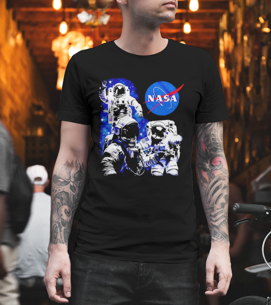NASA Space Exploration Three Astronauts Floating In Deep Space T-Shirt