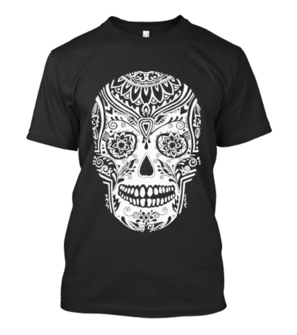 Sugar Skull Artistic Decorative Detailed Black White Intricate Motif T-Shirt