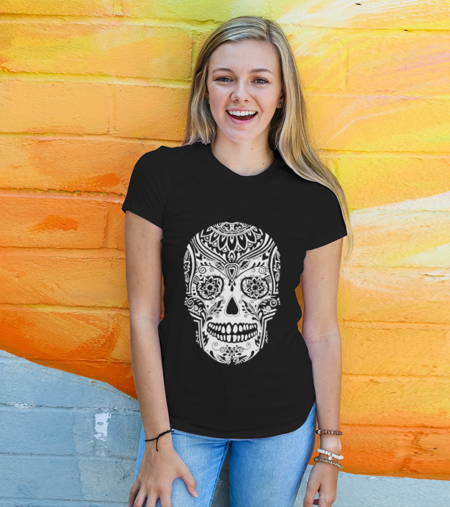 Sugar Skull Artistic Decorative Detailed Black White Intricate Motif T-Shirt