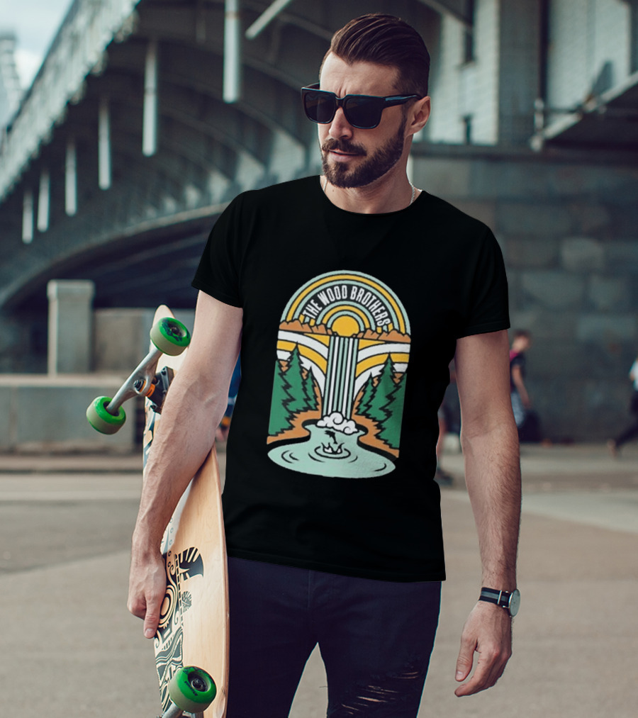 The Wood Brothers Waterfall Nature Scene With Sunburst And River Rapids T-Shirt