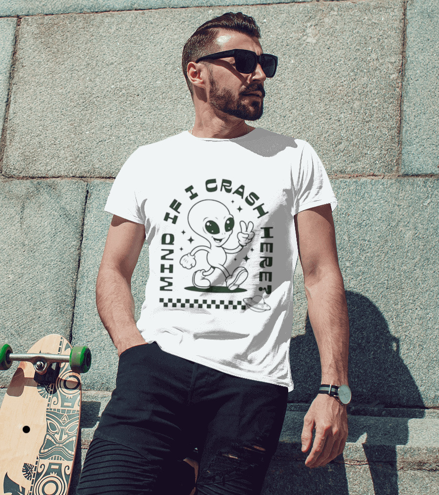 Mind If I Crash Here Alien Peace Sign UFO T-Shirt