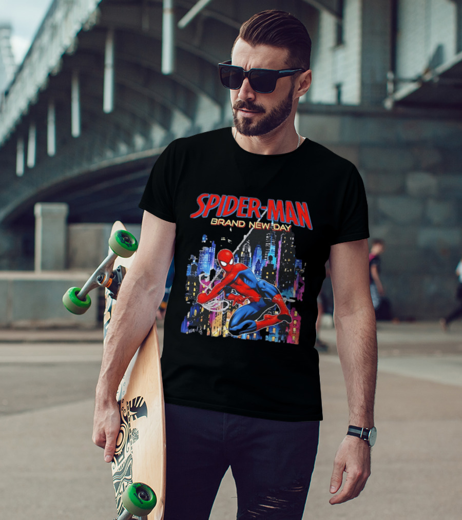 Spider Man Brand New Day Web Superhero Swinging City Night Marvel Studios T-Shirt