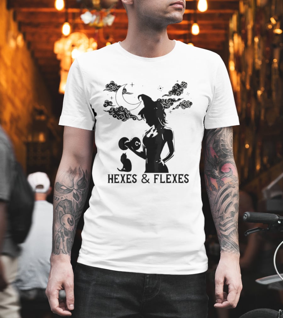 Spooky Fitness Witch Lifting Dumbbell With Cat Hexes & Flexes Moon Clouds T-Shirt