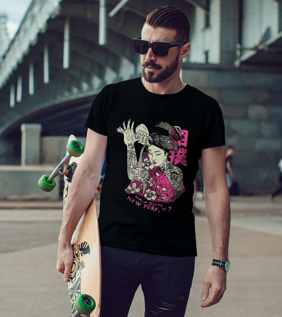 Tattooed Geisha With Katana And Flowers Japanese Samurai Half Sumo New York NY T-Shirt