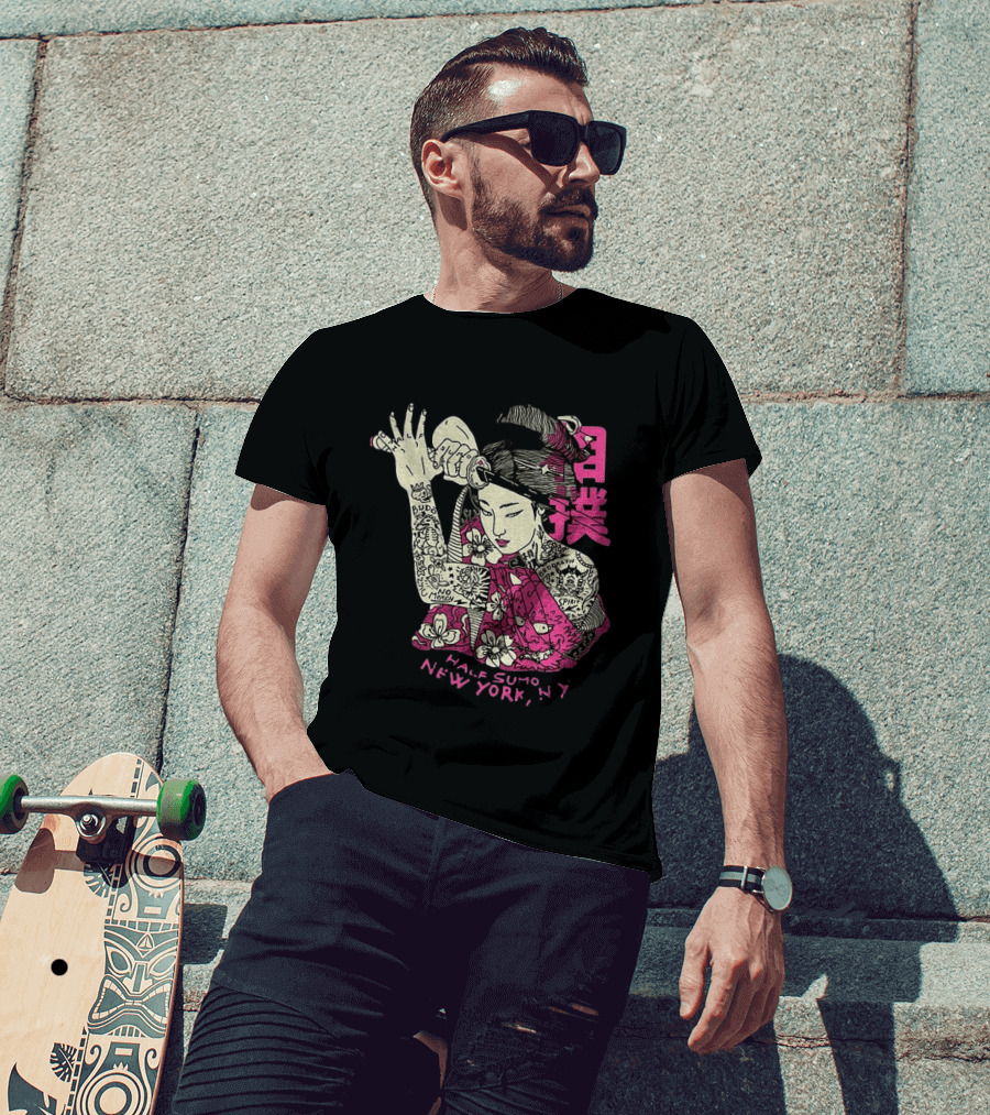 Tattooed Geisha With Katana And Flowers Japanese Samurai Half Sumo New York NY T-Shirt