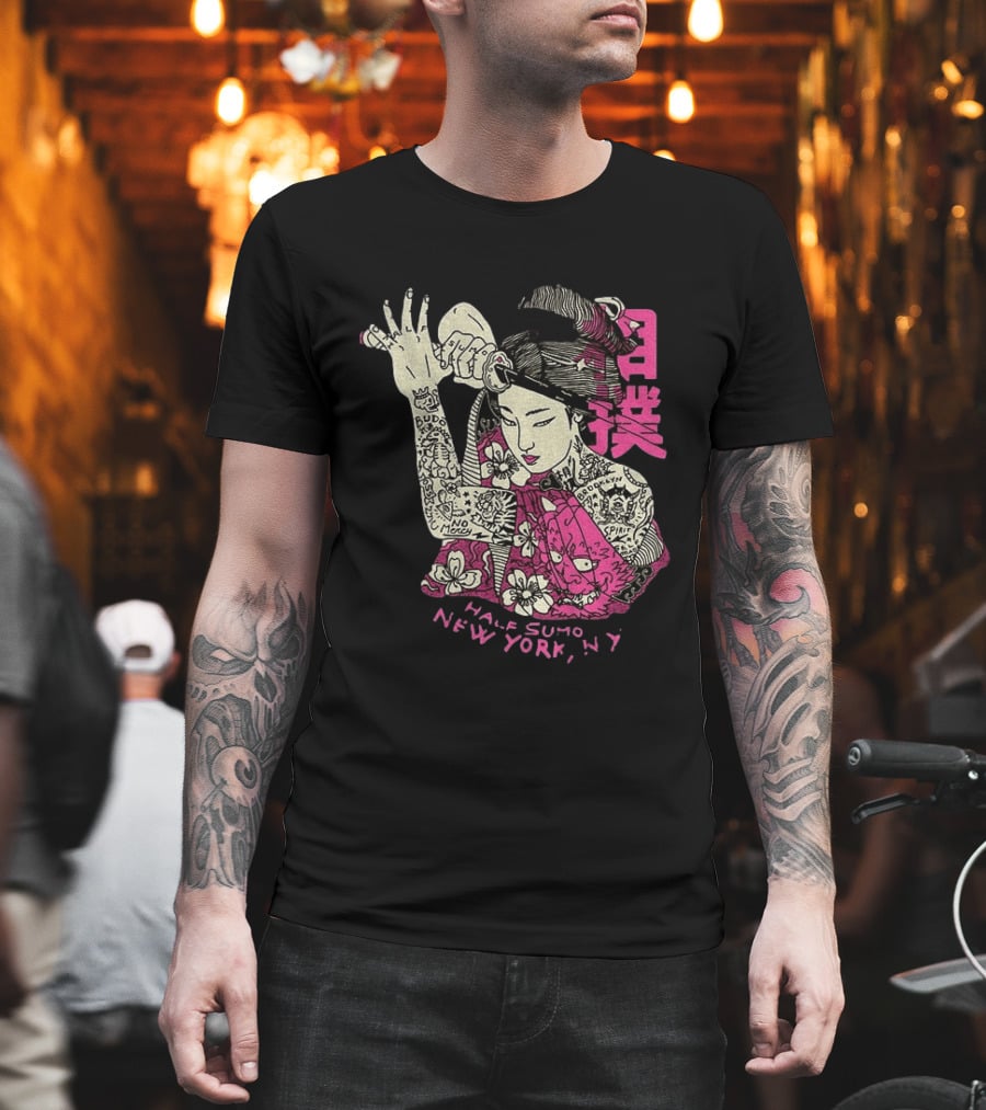 Tattooed Geisha With Katana And Flowers Japanese Samurai Half Sumo New York NY T-Shirt