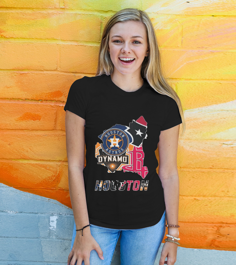 Houston Astros Texans Dynamo Rockets Map Logo Collage T-Shirt