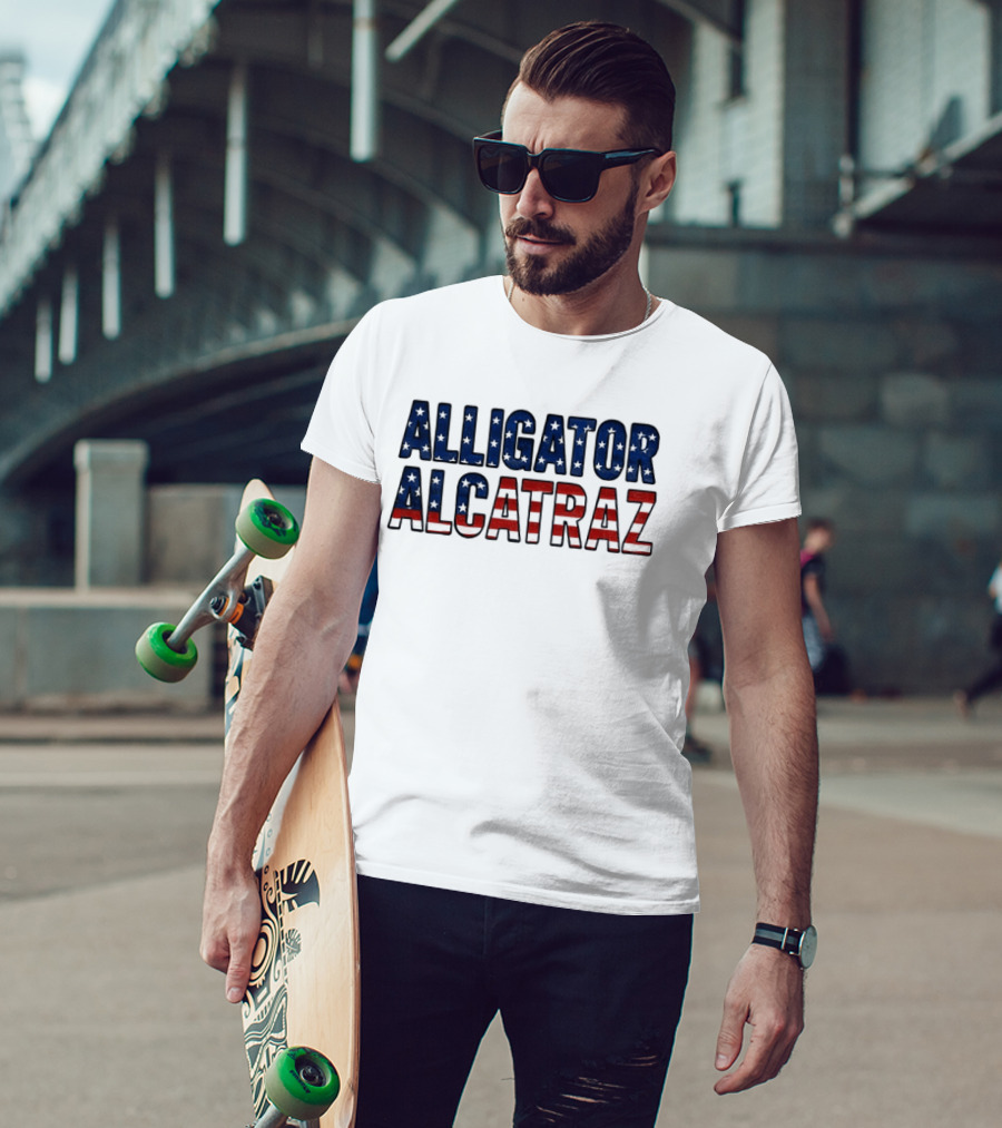 Alligator Alcatraz American Flag Patriotic Stars Stripes T-Shirt