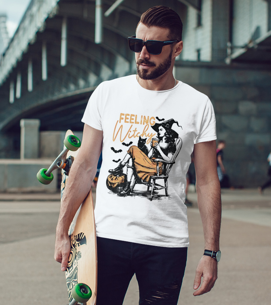 Feeling Witchy Witch With Pumpkin And Bats Halloween Vibes T-Shirt
