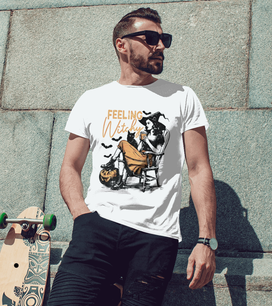 Feeling Witchy Witch With Pumpkin And Bats Halloween Vibes T-Shirt