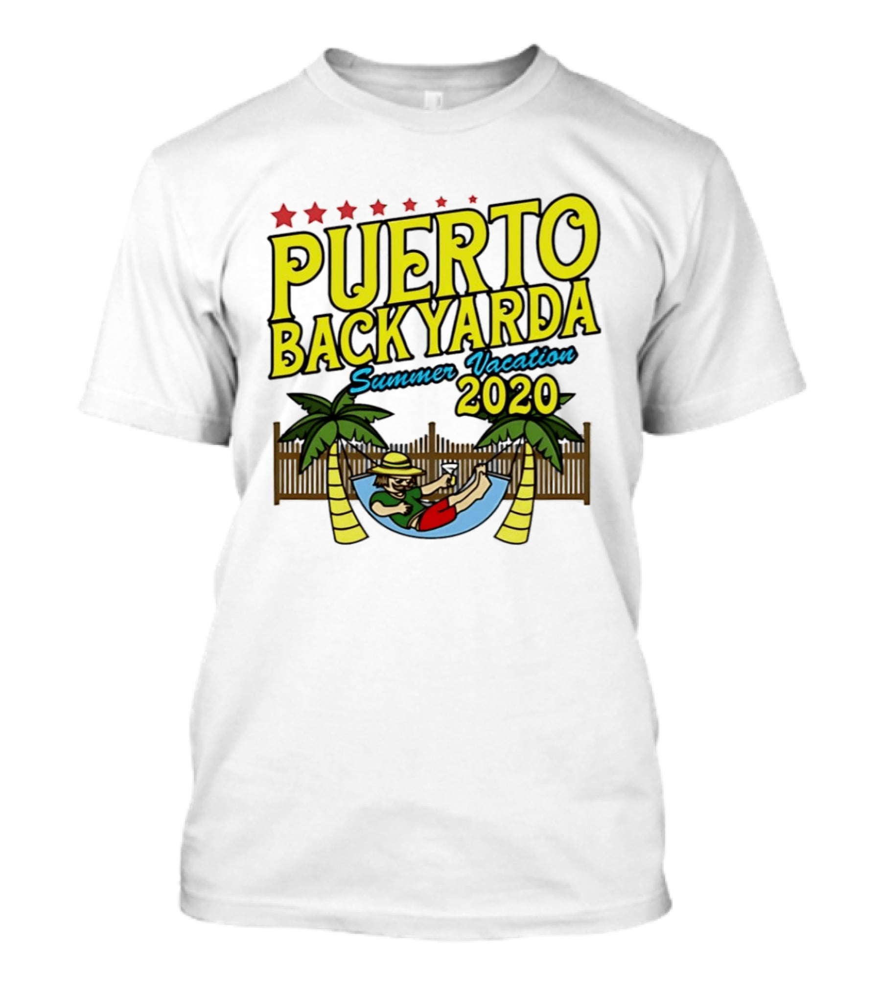 Puerto Backyarda Summer Vacation 2020 Relaxing Hammock Palm Trees Retro Cartoon T-Shirt
