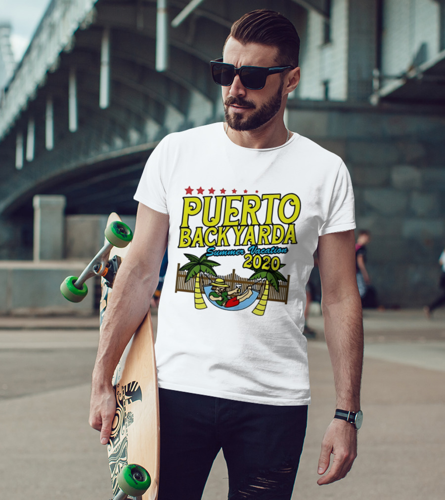 Puerto Backyarda Summer Vacation 2020 Relaxing Hammock Palm Trees Retro Cartoon T-Shirt