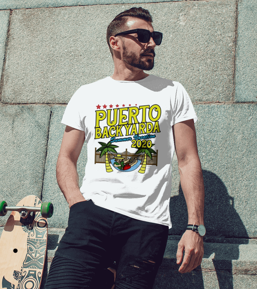 Puerto Backyarda Summer Vacation 2020 Relaxing Hammock Palm Trees Retro Cartoon T-Shirt