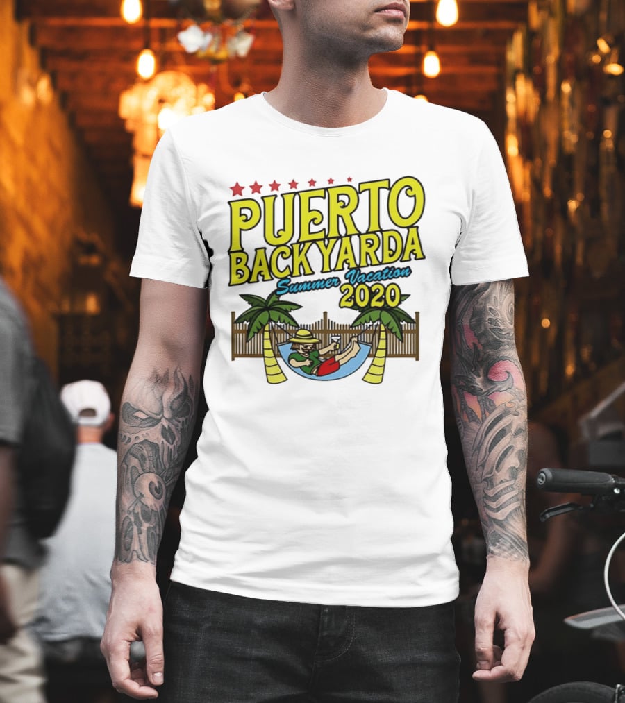 Puerto Backyarda Summer Vacation 2020 Relaxing Hammock Palm Trees Retro Cartoon T-Shirt
