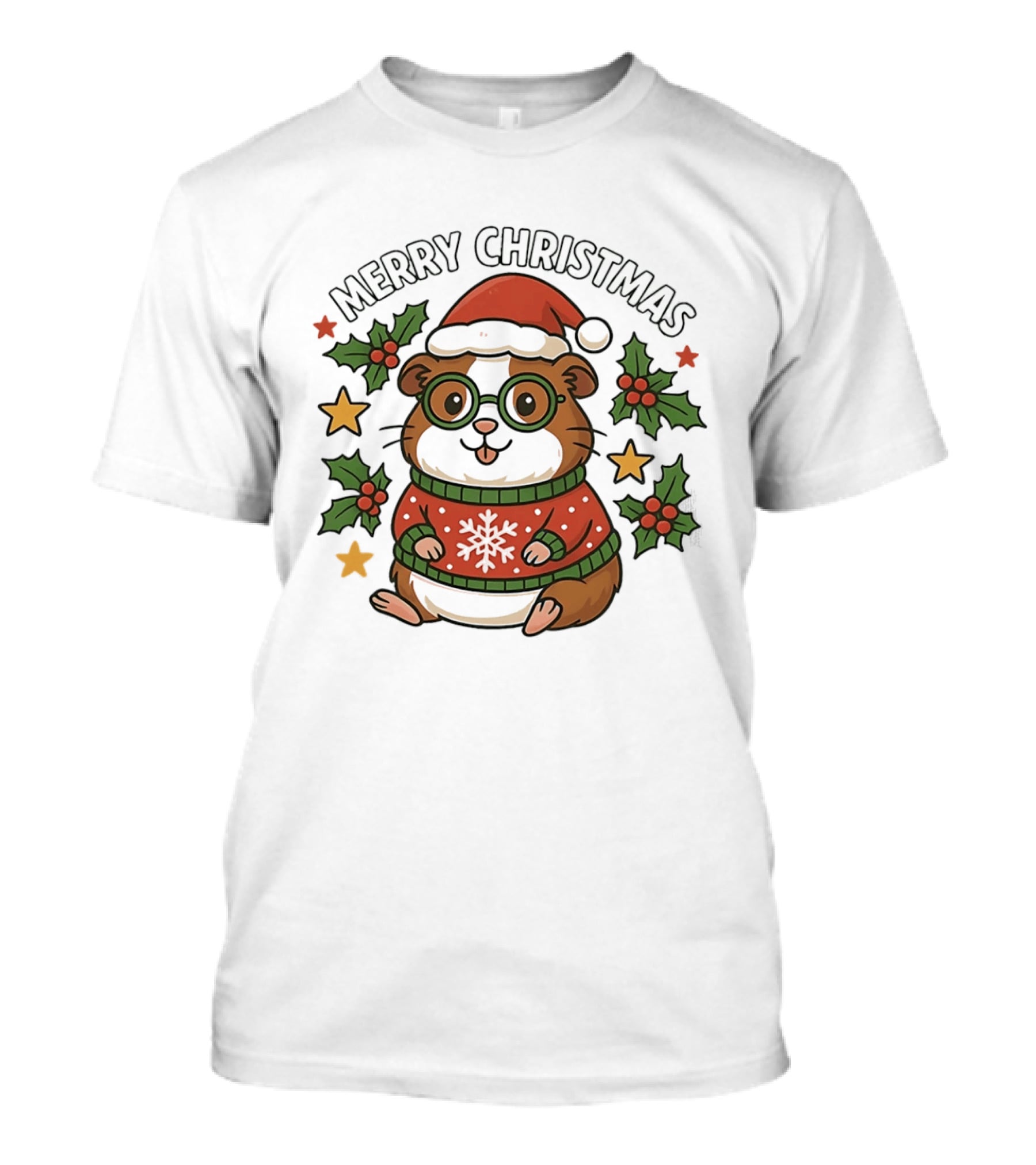 Merry Christmas Santa Guinea Pig In Holiday Sweater With Holly And Stars T-Shirt
