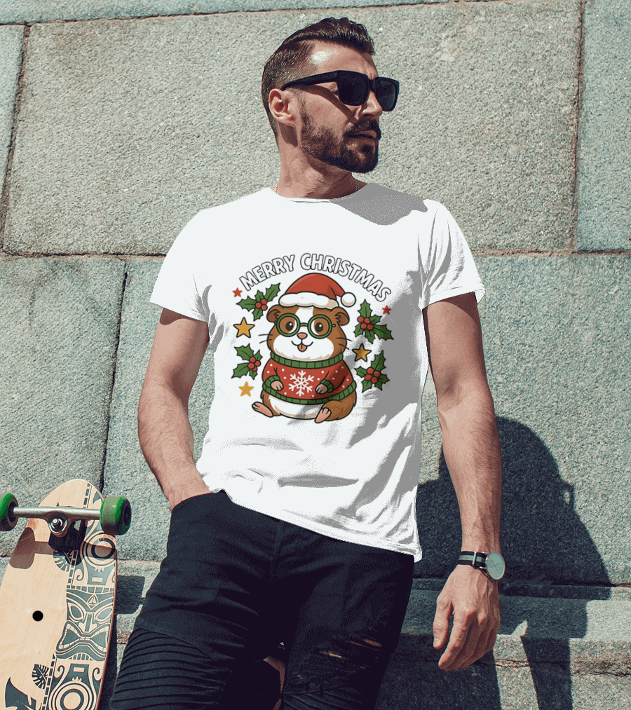 Merry Christmas Santa Guinea Pig In Holiday Sweater With Holly And Stars T-Shirt