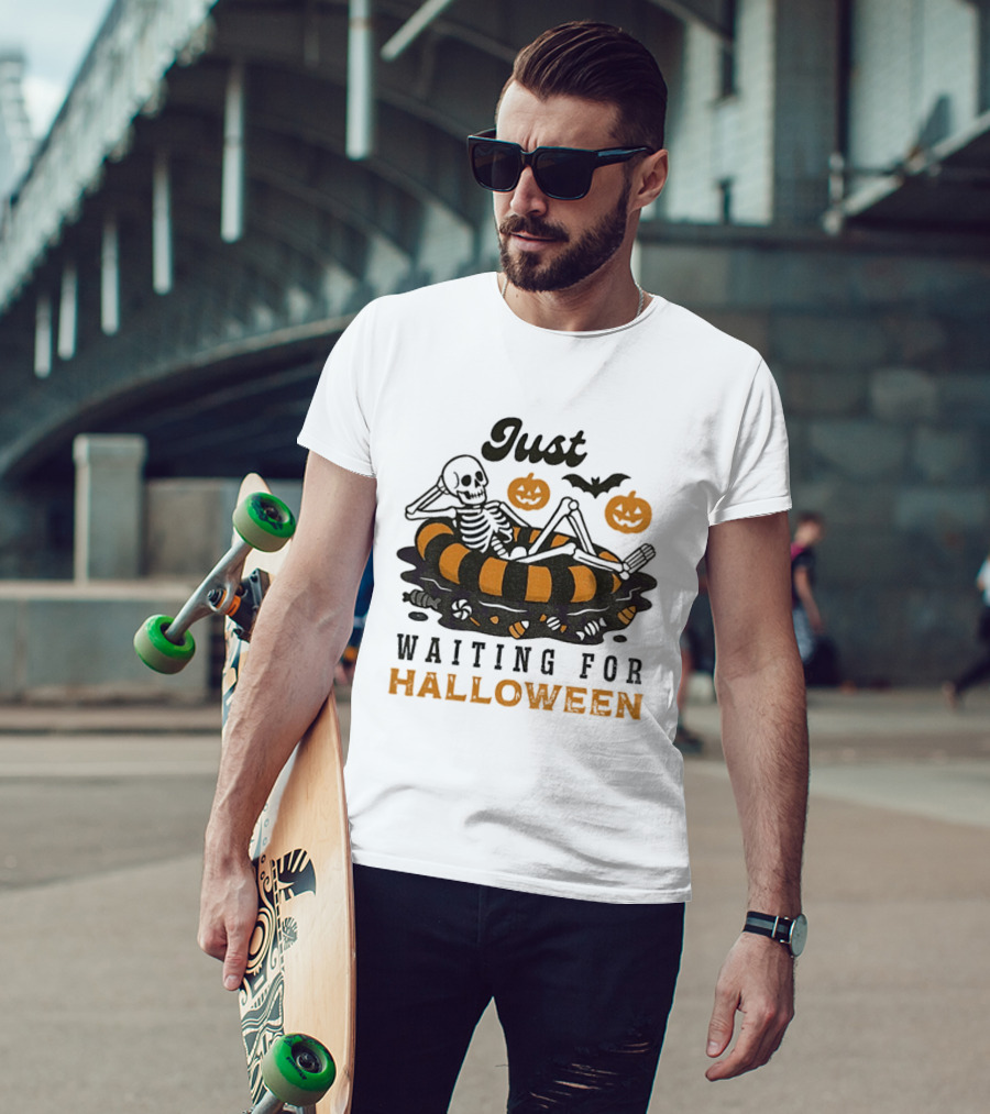 Just Waiting For Halloween Skeleton Beach 2025 T-Shirt