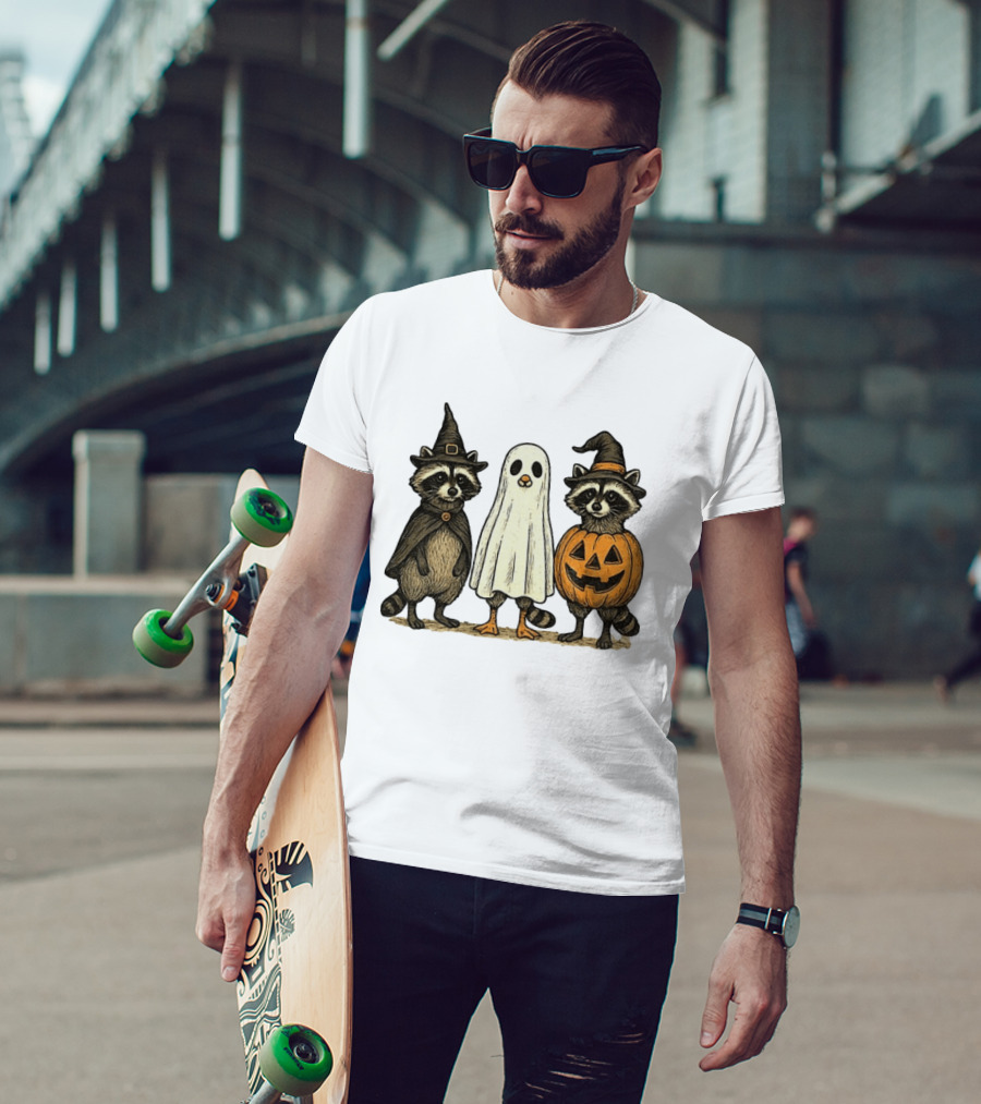 Spooky Boo Ghost Raccoon Pumpkin Raccoon Witch Hat Happy Halloween 2025 T-Shirt