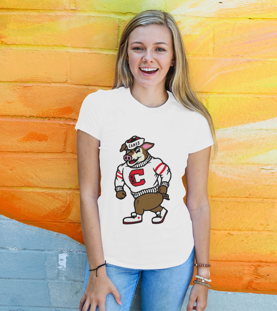 Canes Mascot Pig In Red And White Sweater With Stripes T-Shirt