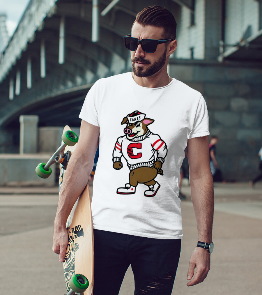 Canes Mascot Pig In Red And White Sweater With Stripes T-Shirt