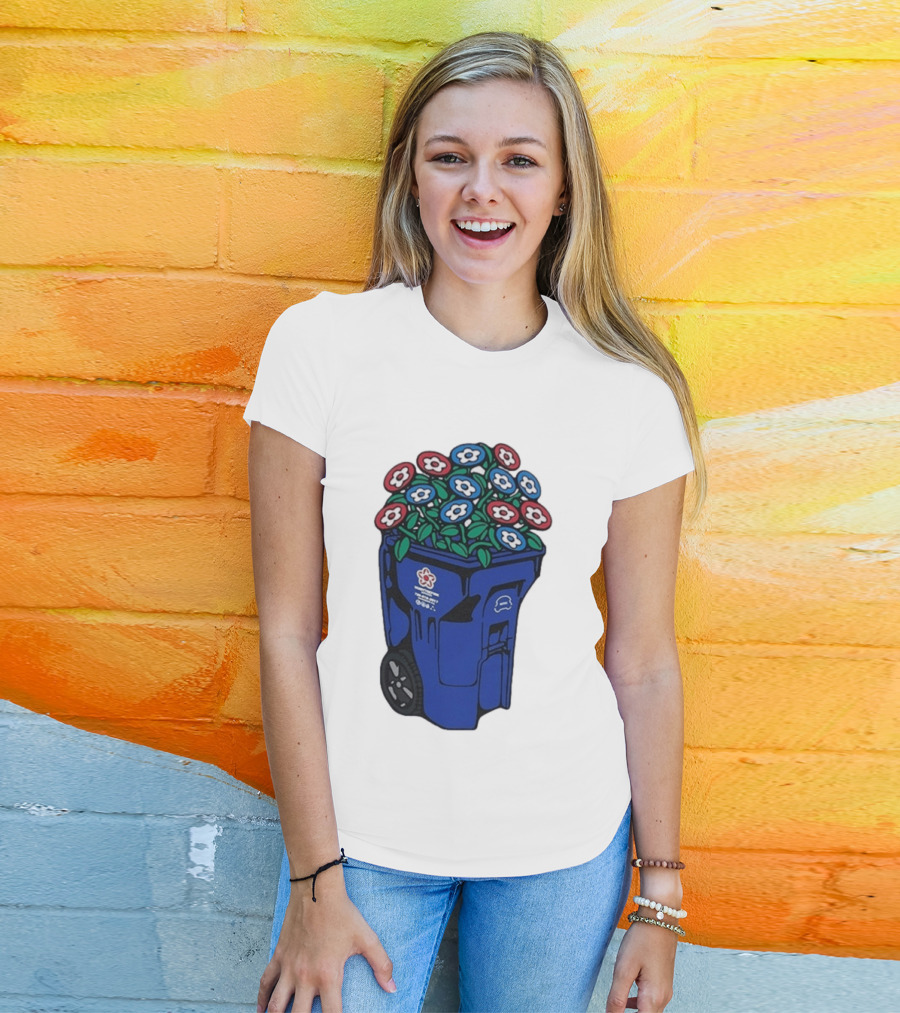 Vandy The Pink Trash Can Blue Recycling Bin Flowers T-Shirt