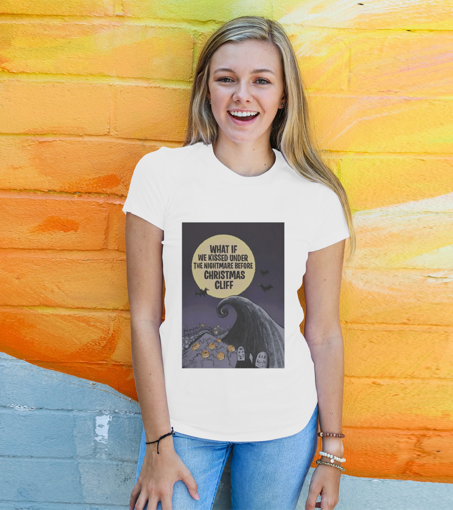 What If We Kissed Under The Nightmare Before Christmas Cliff Halloween Moon Bats Pumpkins Graveyard Scene T-Shirt