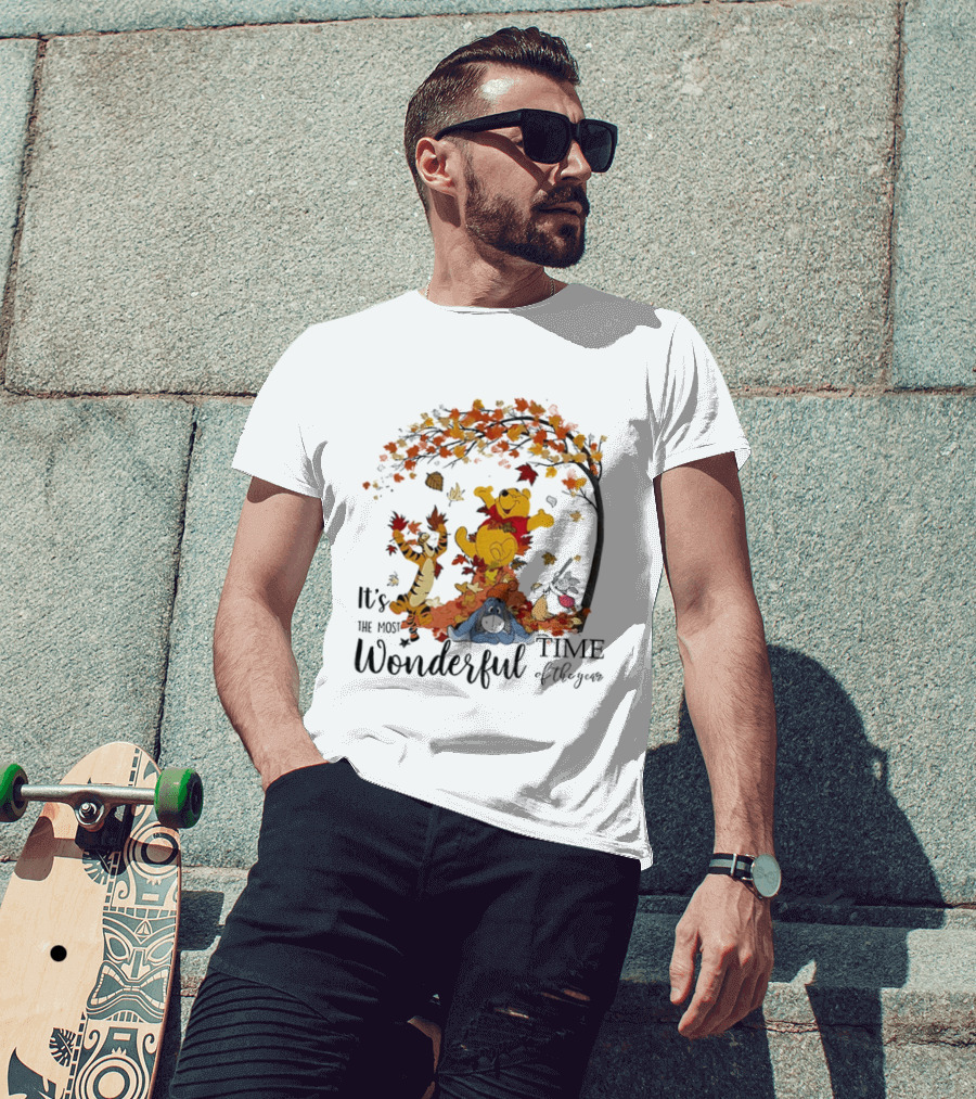 Winnie The Pooh It's The Most Wonderful Time Of The Year Happy Fall Autumn Leaves T-Shirt