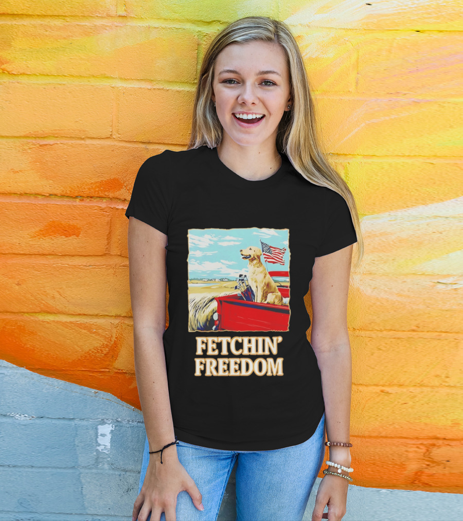 Fetching Freedom Dog And American Flag Scene T-Shirt
