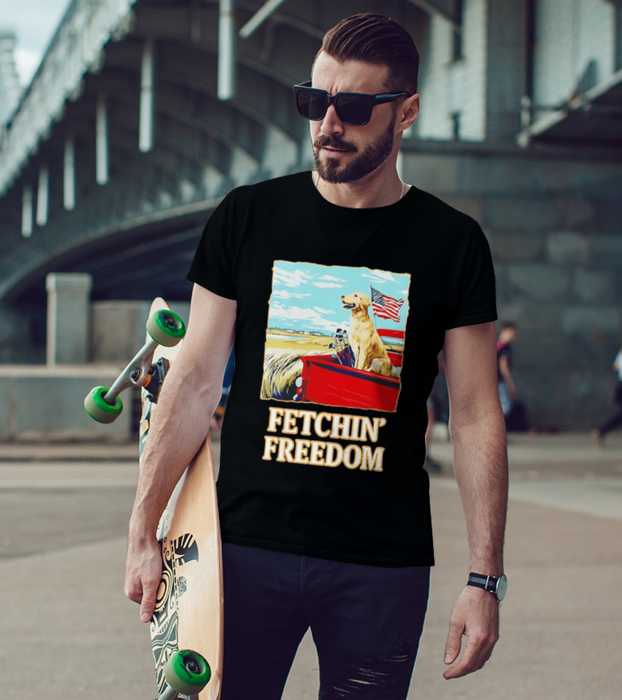 Fetching Freedom Dog And American Flag Scene T-Shirt