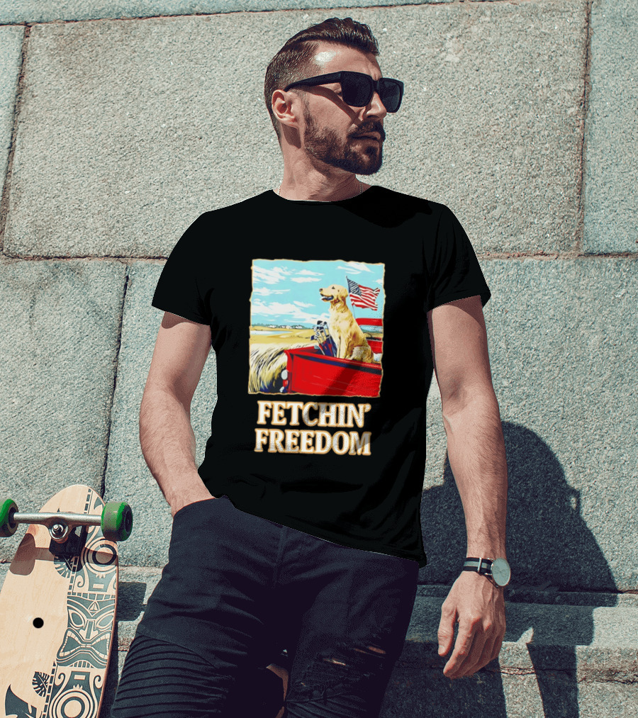 Fetching Freedom Dog And American Flag Scene T-Shirt