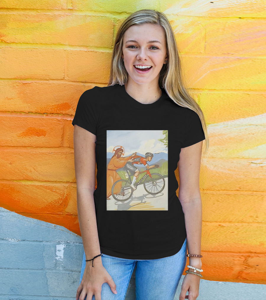 Jesus Gives Tadej Pogačar A Push Colnago Cycling T-Shirt