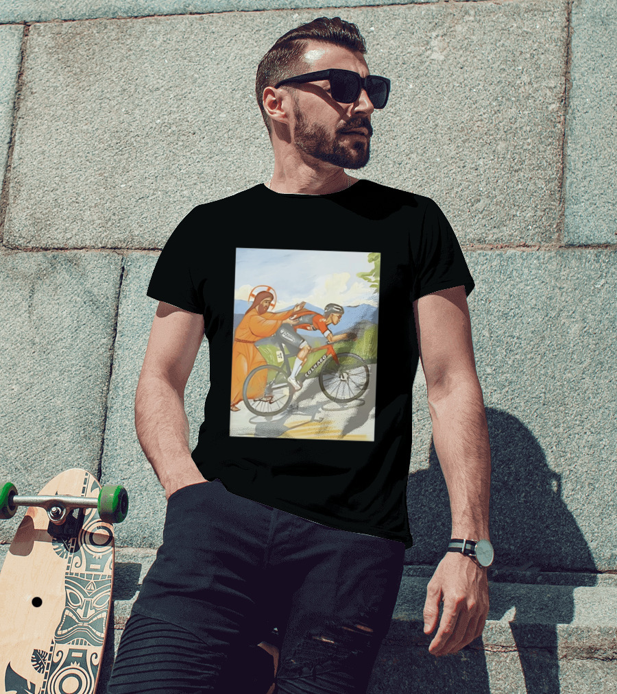 Jesus Gives Tadej Pogačar A Push Colnago Cycling T-Shirt