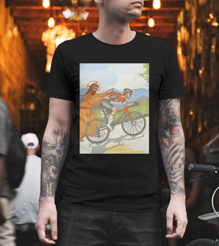Jesus Gives Tadej Pogačar A Push Colnago Cycling T-Shirt