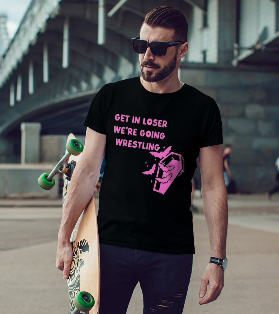 Get In Loser We're Going Wrestling Coffin With Bats And Stars T-Shirt
