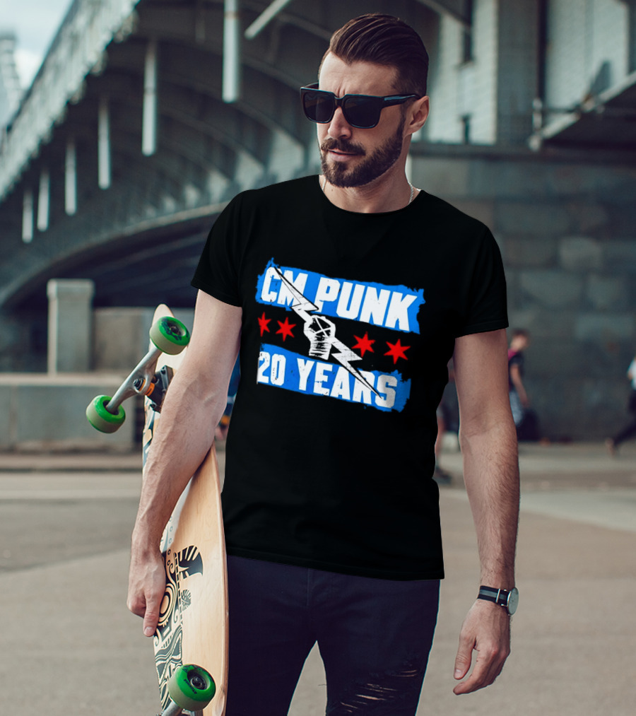 CM Punk 20 Years WWE Flag With Stars And Lightning Fist T-Shirt