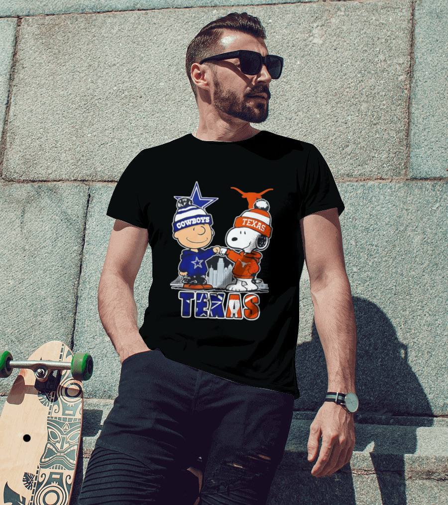 Dallas Cowboys Texas Longhorns Peanuts Characters Stadium Scene T-Shirt