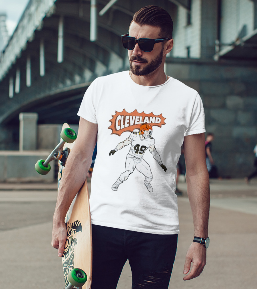 Cleveland Football Comic Style 2026 Player 49 Iconic Helmet T-Shirt