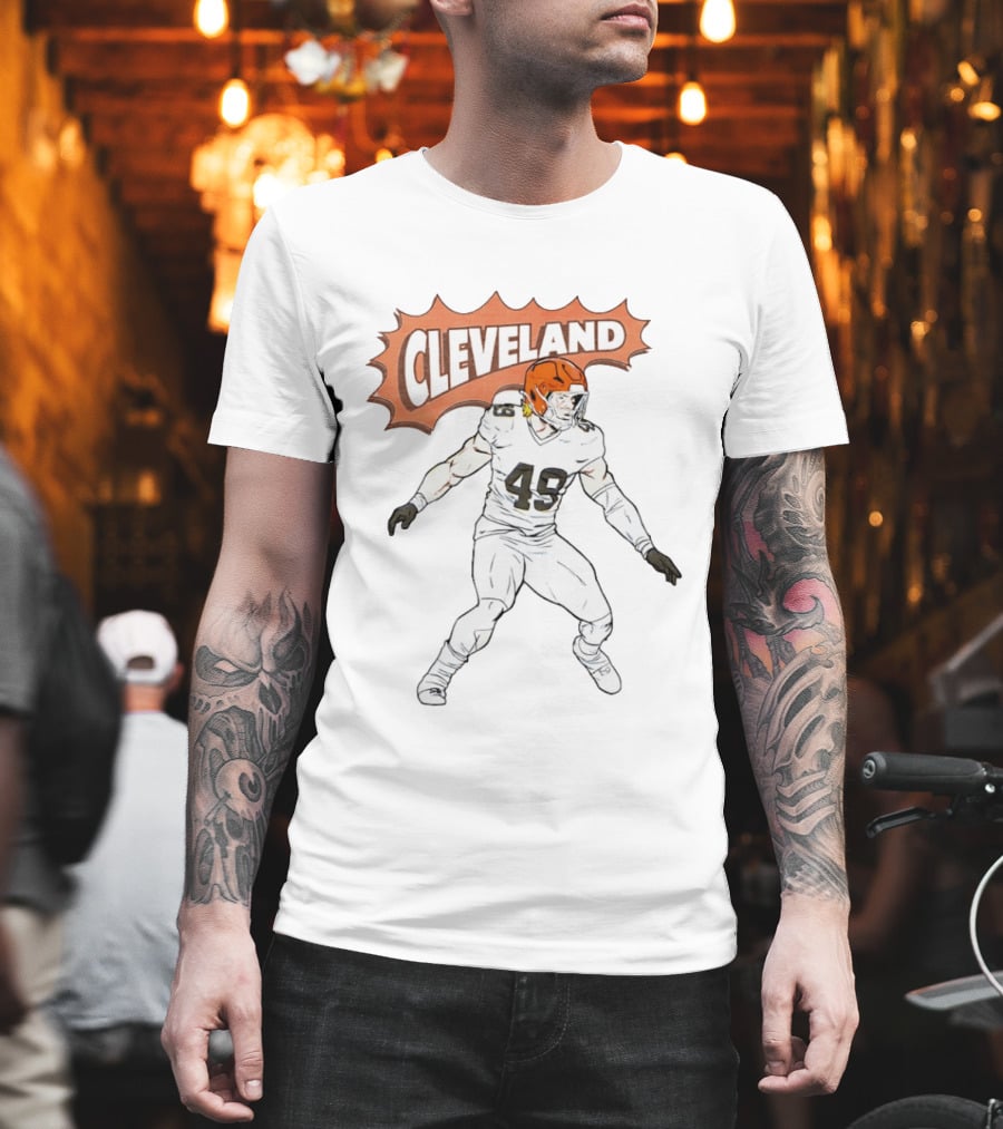 Cleveland Football Comic Style 2026 Player 49 Iconic Helmet T-Shirt