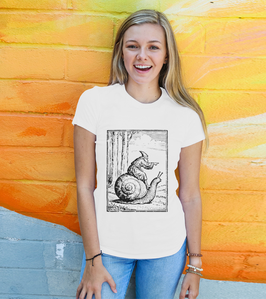 Medieval Snail Rider Wizard Woodcut Fantasy Enchantment T-Shirt