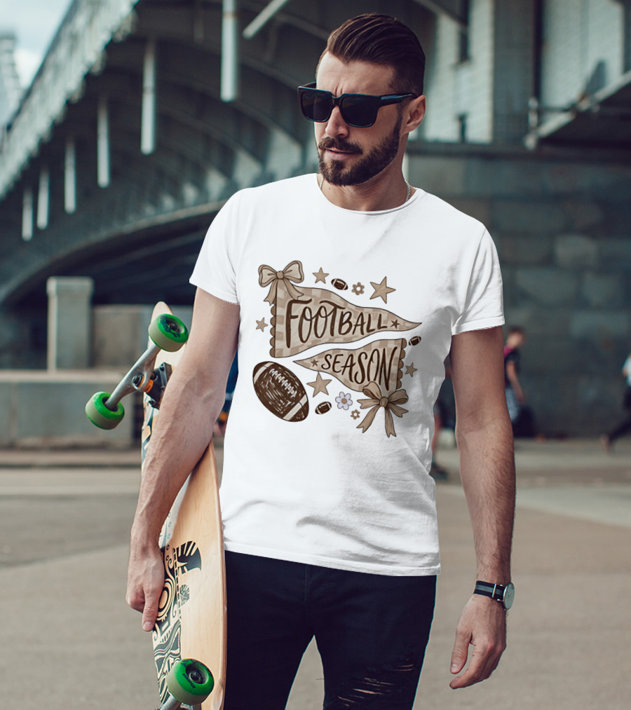Football Season Pennant Bows And Stars With Footballs T-Shirt