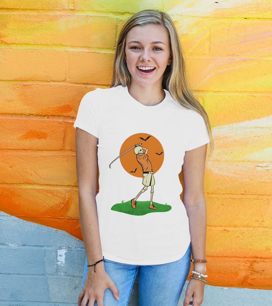 Skeleton Golfer At Sunset With Flying Bats T-Shirt