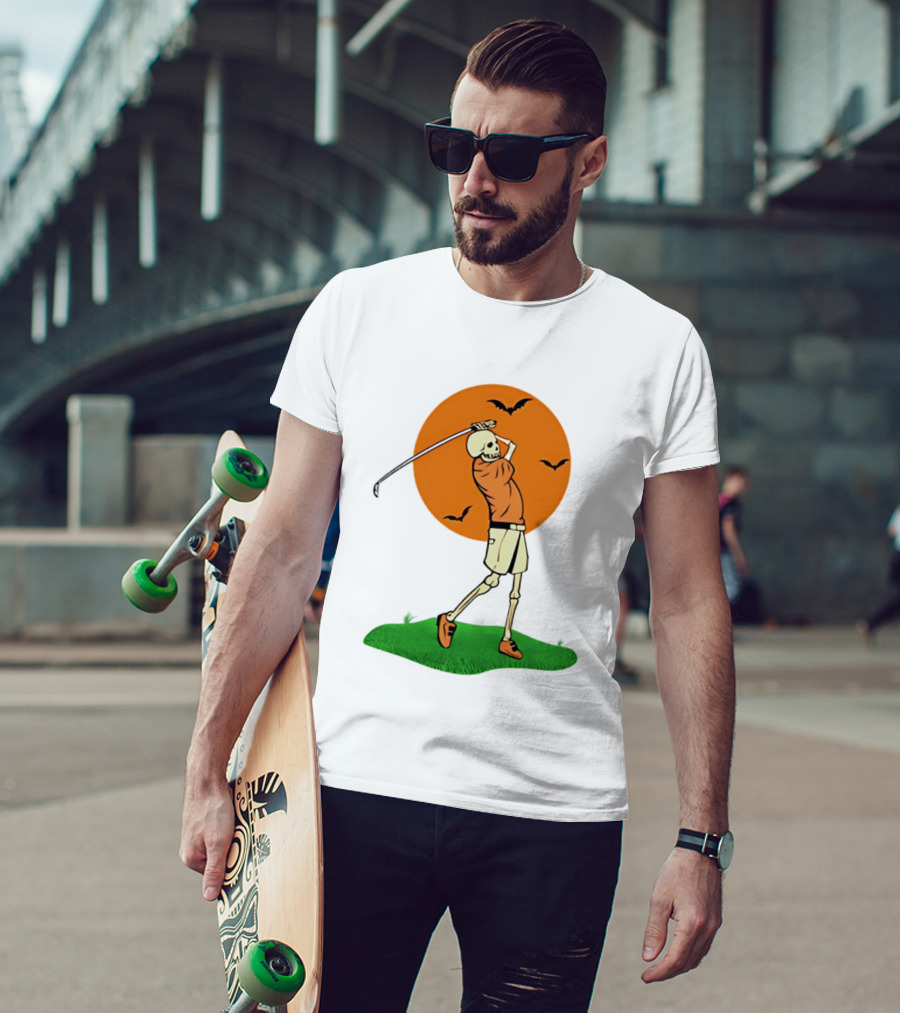 Skeleton Golfer At Sunset With Flying Bats T-Shirt