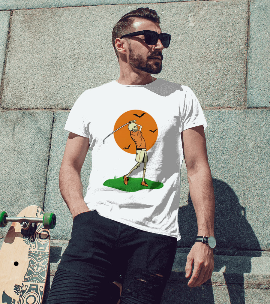 Skeleton Golfer At Sunset With Flying Bats T-Shirt