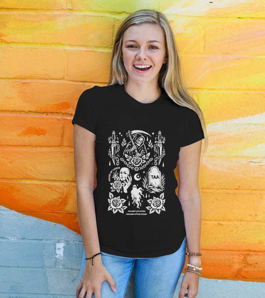 The Amity Affliction X Popcorn Tattoo Sydney Grim Reaper Floral Cemetery TAA T-Shirt