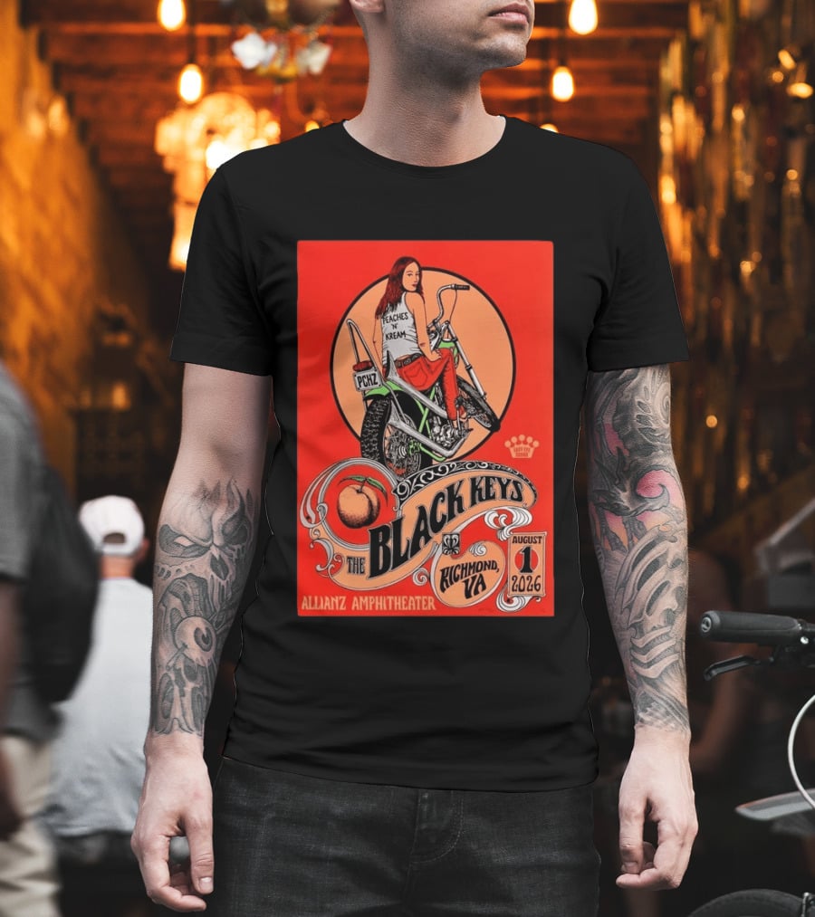 The Black Keys Allianz Amphitheater Richmond VA August 1 2026 Peaches N Kream Motorcycle T-Shirt