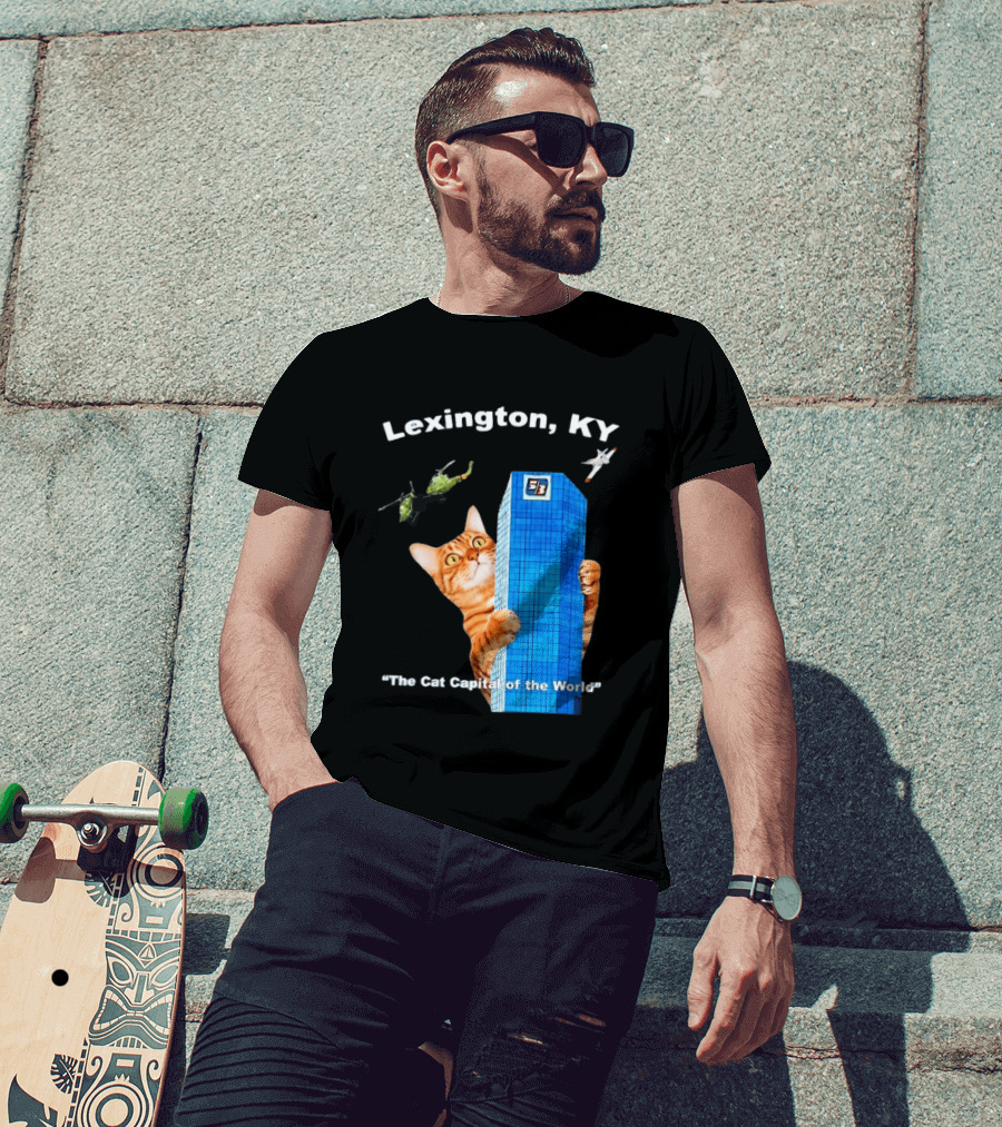 Lexington KY The Cat Capital Of The World Funny Cat With Building And Helicopter T-Shirt
