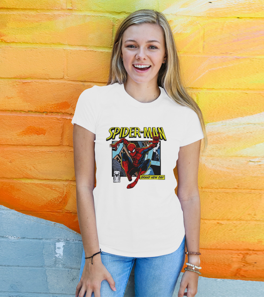 Spider Man Brand New Day Iconic Comic Style Swinging Action T-Shirt